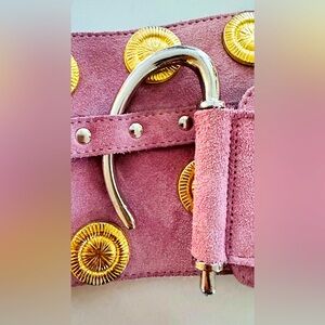 Italian suede belt with silver closure and gold metal coin accents